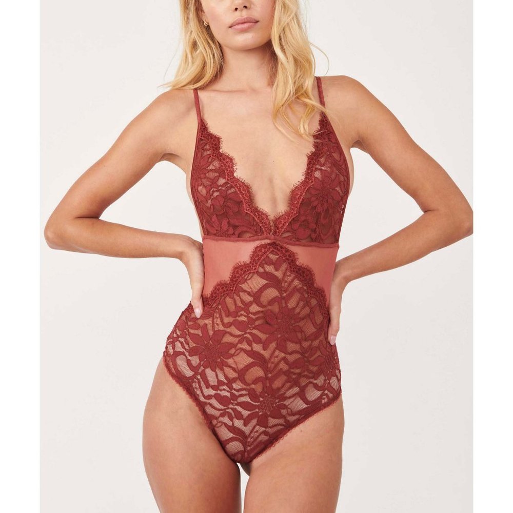 Free People Lace Mesh Bodysuit in Brick Red